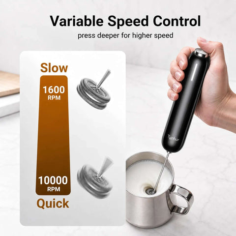 Rechargeable Handheld Coffee Frother Wand Detachable Whisk Mixer For Latte Cappuccino Matcha Protein Shakes Matte Black in use with speed control.