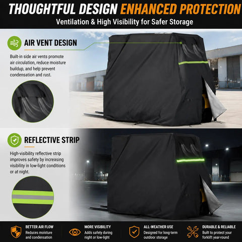 Premium Heavy Duty Forklift Cover For Toyota 80V Electric Forklift Models Fits 05 To 9Fbmk25t featuring air vents and reflective strip.