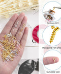 Person holding 400Pcs Small Screw Eye Pins Set with Mini Eye Hooks, gold and silver colors, for jewelry making and DIY crafts.
