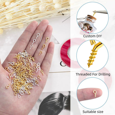 Person holding 400Pcs Small Screw Eye Pins Set with Mini Eye Hooks, gold and silver colors, for jewelry making and DIY crafts.