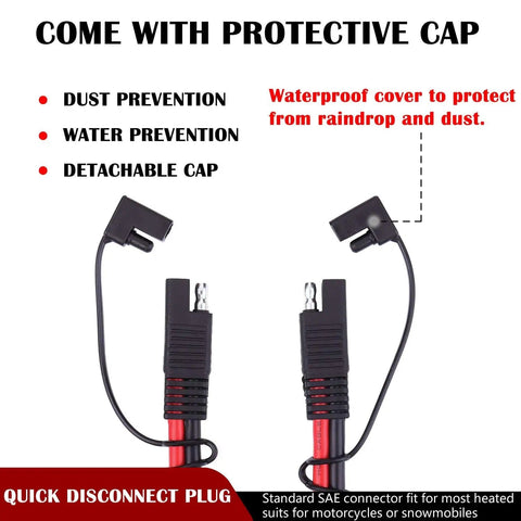 SAE to SAE Extension Cable 10 Gauge Wire Harness for Solar Panel to Battery with waterproof protective cap and quick disconnect