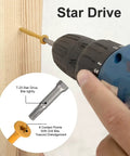 Tan Epoxy Deck Screws 1-1/2 Inch #8 200 Pack being drilled into wood with power tool, showing T25 Torx drive close-up