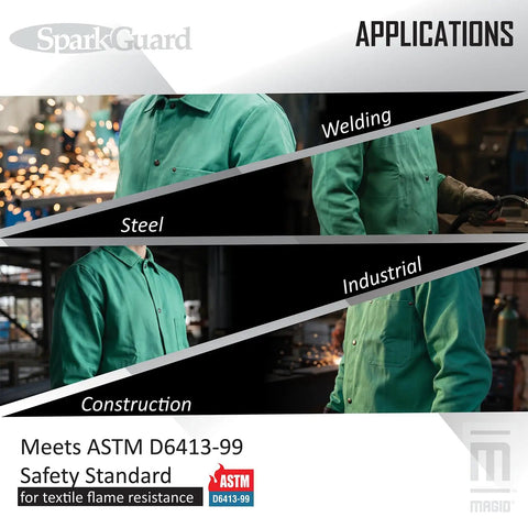 SparkGuard Flame Resistant Welding Jacket For Men Green Heavyweight 12 Oz 100 Percent Cotton Sateen ASTM D6413 Certified