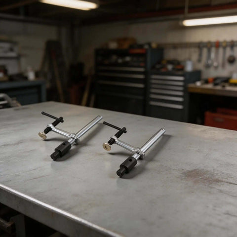 Two Pack Beefy Metal Hold Down Clamps For Woodworking 16mm Dog Hole Bench Clips With Ergonomic Handle on workshop table