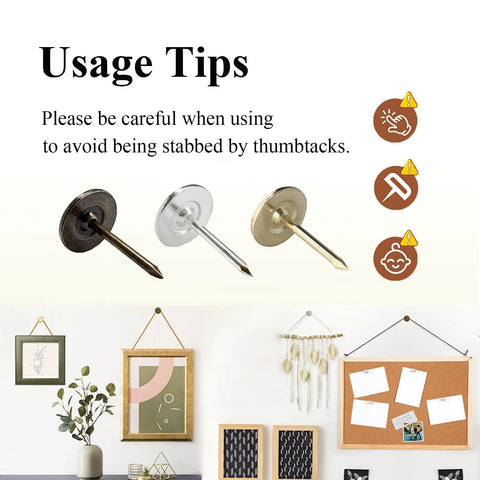 Usage tips for One Hundred Heavy Duty Flat Head Thumb Tacks In Bronze Top Shelf Push Pins For Upholstery And Wall Decor.