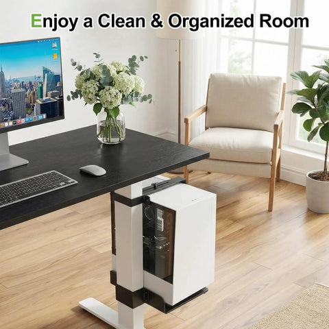 Under Desk PC Mount With Slick No Nonsense Clamp For Standing Workspaces That Secures Your CPU Rack Or Computer Tower Zero Drilling Needed While Handling Fifty Pounds On Eighty By Fifty Millimeter Legs, securing a white computer tower under a desk.