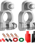 Heavy Duty Copper Battery Terminal Connectors Kit with 2 Gauge 3/8 Inch lugs, heat shrink sleeves, and anti-corrosion washers.