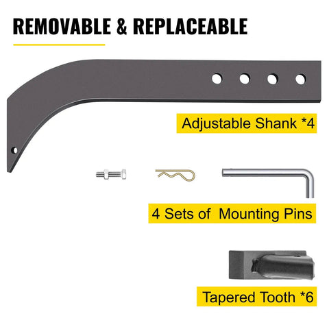 Heavy Duty 18 Inch Box Blade Scarifier for Tractors with adjustable shank, pins, and tapered teeth, four piece set illustrated.