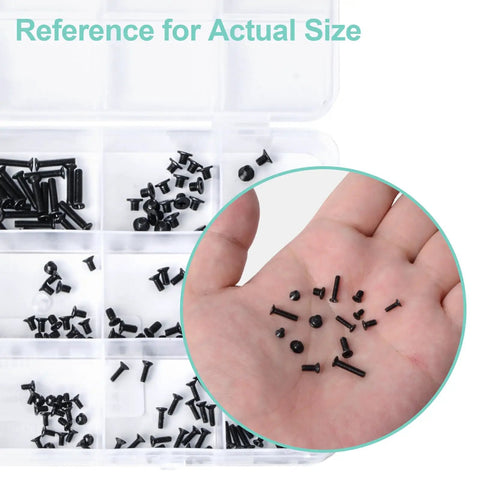 Top Shelf 300 Piece Black Laptop Screw Kit For Notebooks And Desktop Computers Steel Replacement Hardware For Dell Hp Mac Lenovo No Sweat Quick Repair Set displayed in a hand with various black screws.