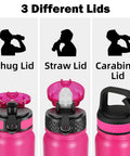 Three swappable lids for 20 oz double wall insulated stainless steel water bottle, including chug, straw, and carabiner lids.