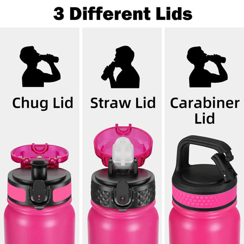 Three swappable lids for 20 oz double wall insulated stainless steel water bottle, including chug, straw, and carabiner lids.