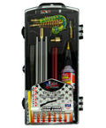 All Gauge Shotgun Cleaning Kit With Stainless Rods And Bore Brushes For 12, 20, 28, And.410 Gauges Including Brass Jags Patch Holders Flannel Patches CLP And Grease Made In USA in clear case