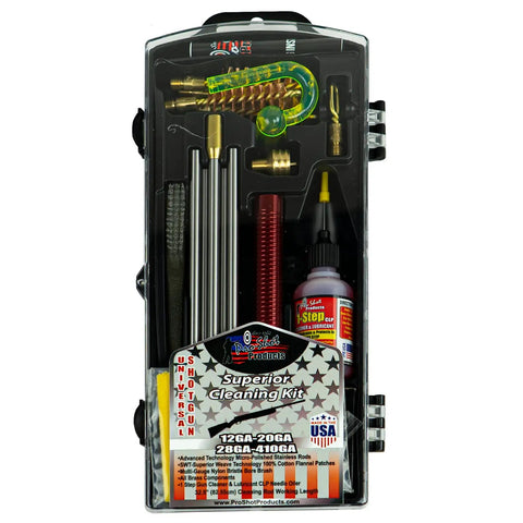 All Gauge Shotgun Cleaning Kit With Stainless Rods And Bore Brushes For 12, 20, 28, And.410 Gauges Including Brass Jags Patch Holders Flannel Patches CLP And Grease Made In USA in clear case