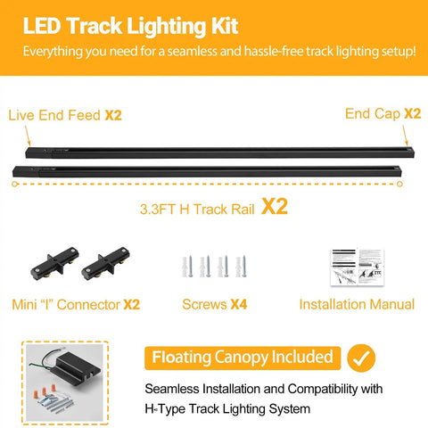 Components of Six Point Six Foot H Style Track Lighting Kit In Black With Floating Canopy Connector End Caps Live End Feeds I Connectors