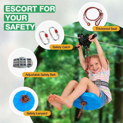 Child enjoying 300 Ft Zip Line Kit Go To Backyard And Outdoor Play For Kids And Adults Up To 400 Lbs With Quick Tighten System