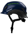 Side view of Ultralight Vented Safety Helmet With Modular Brim And Fidlock Buckle 4 Point Comfort Strap Koroyd Breathable Tech Rainproof Shield 20KV Protection Blue Size L XL For Work Or Play All Day Comfort