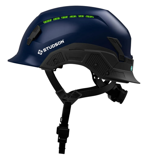 Side view of Ultralight Vented Safety Helmet With Modular Brim And Fidlock Buckle 4 Point Comfort Strap Koroyd Breathable Tech Rainproof Shield 20KV Protection Blue Size L XL For Work Or Play All Day Comfort