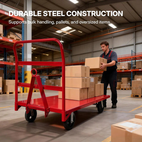 Heavy Duty Tow Behind Flatbed Cart 2000 Pound Load Rating Rock Solid Steel Build Eight Inch Rolling Casters No Sweat Hauling Rig For Warehouse Logistics And Crew Transport Missions