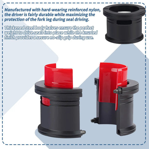 Close-up of red nylon adapter and steel press from Fork Seal Driver Tool Kit 14Pcs For 35Mm To 50Mm Forks No Fuss Pro Grade Install Set.