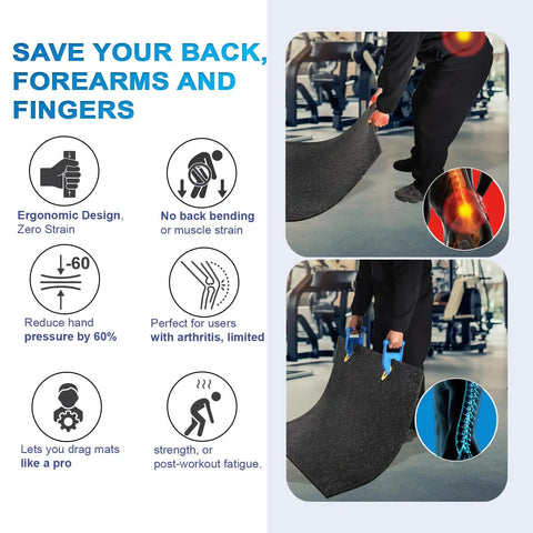 Heavy Duty Mat Grippers Pair For Easy Rubber Mat Moving Anti Slip Teeth And Reinforced Jaws Lock Mats Tightly Back Saving Lift For horse stalls gym floors, person moving rubber mat