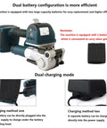 Portable Electric Strapping Machine Kit With Hot Melt Welding Action For Effortless PP PET Strap Sealing On Cartons And Pallets showing dual battery configuration.