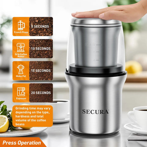 Electric Coffee And Spice Grinder With Dual Stainless Steel Blades And Removable Bowls Pulse Control And Clear Double Lid