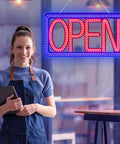16.5 By 9 Inch Horizontal LED Open Sign For Biz hanging in cafe window with employee, ultra bright and dimmable, indoor use