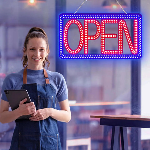 16.5 By 9 Inch Horizontal LED Open Sign For Biz hanging in cafe window with employee, ultra bright and dimmable, indoor use