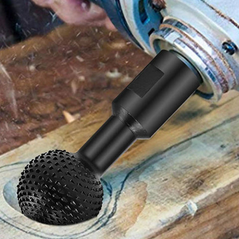 Top Tier Sphere Rotary Burr Angle Grinder Attachment 10mm Plus 14mm Ball Gouge Wood Carving Tool in use on wood surface.