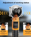 Brushless Cordless Rivet Gun Compatible With Dewalt 20V Max Battery Tool Only showing adjustment features for left and right side operations.
