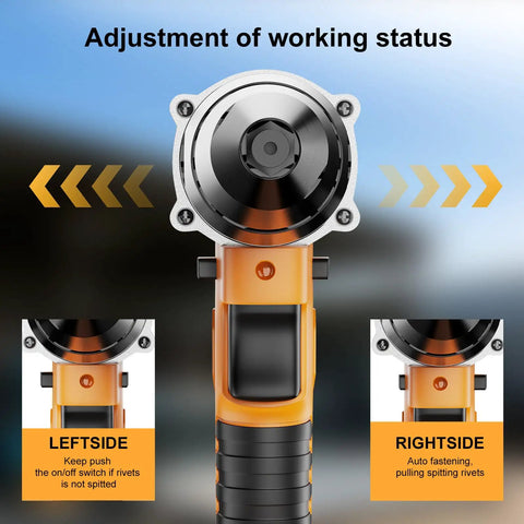 Brushless Cordless Rivet Gun Compatible With Dewalt 20V Max Battery Tool Only showing adjustment features for left and right side operations.