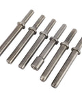 Six steel chisels from Heavy Duty Pneumatic Air Rivet Hammer Kit With 7 Pieces Smoothing Chisels, Steel Construction, Includes 6 Heads And Spring