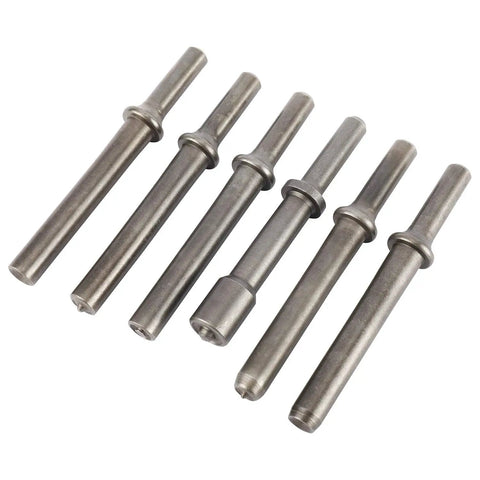 Six steel chisels from Heavy Duty Pneumatic Air Rivet Hammer Kit With 7 Pieces Smoothing Chisels, Steel Construction, Includes 6 Heads And Spring