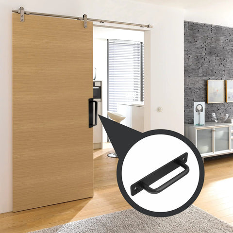 Barn door with 2 Pack Barn Door Pulls 5 Inch Long Base Handles for Shed and Gate, black aluminum alloy visible.