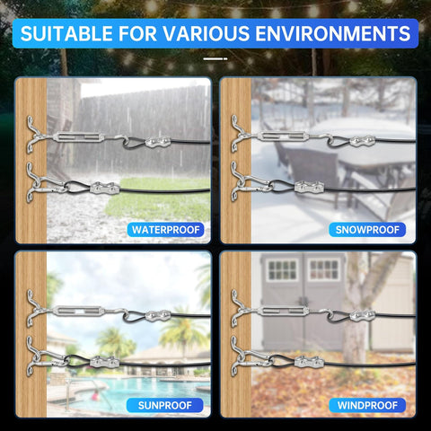 Heavy Duty Outdoor String Light Hanging Kit With Black Vinyl Coated 304 Stainless Steel Wire Rope Cable 246 Feet weatherproof setup