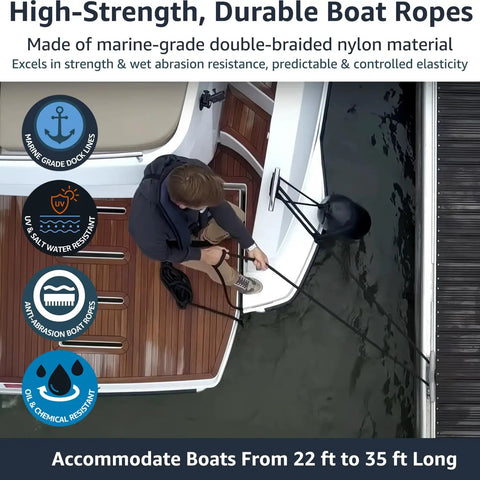 Person securing boat with Two Pack Half Inch By Twenty Foot Dock Lines With Twelve Inch Loop For Docking And Mooring.