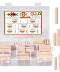250 Piece Fluted Wood Dowels Set In 1/4 Inch, 5/16 Inch, And 3/8 Inch Sizes For Crafts, Furniture, And Woodworking Projects in box