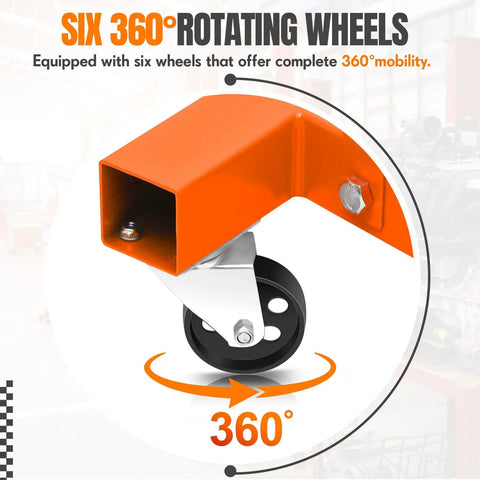 Heavy Duty Folding Hydraulic Engine Hoist Featuring Smooth Pump Operation And Knockout Lifting Capacity For Any Home Garage Shop Rig with six 360° rotating wheels.