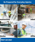 First Aid Kit collage showing construction site, jobsite, vehicle service, and wind-farm area; First Aid Only logo