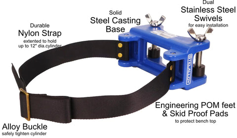 Bench Mount Cylinder Bracket For Gas Cylinders And Canisters with nylon strap, alloy buckle, steel casting base, stainless steel swivels