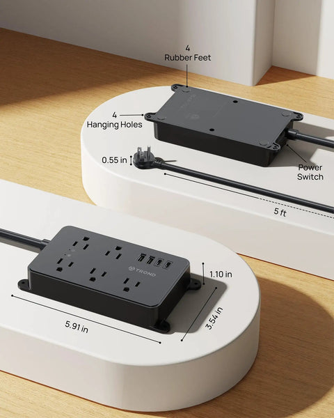 Power Strip Surge Protector With USB Ports, Wall Mountable, 5ft Cord, 9-Device Charging, 5 Grounded Outlets Plus 2 USB-A and 2 USB-C Ports, ETL Listed for Safe, High-Value Home Office, Entertainment, and Studio Setup, black, 5 ft cord