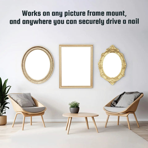 Elegant room with three differently shaped picture frames using Picture Hanging Kit With 260 Pieces Wall Hangers Hooks Nails And Mini Hammer.