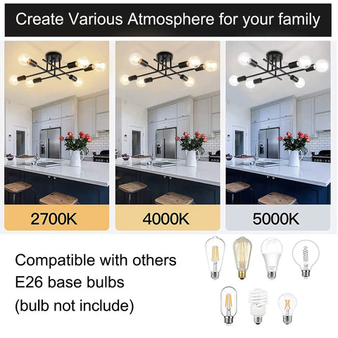 6 Lights Semi Flush Mount Modern Ceiling Light Fixture with Industrial Black Metal Sputnik Chandelier lighting options