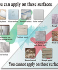Diagram showing surfaces for applying Teamwork Motivation Wall Decal, includes smooth plastic, glass, metal, wood, and excludes brick.