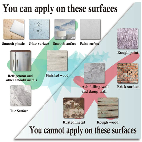 Diagram showing surfaces for applying Teamwork Motivation Wall Decal, includes smooth plastic, glass, metal, wood, and excludes brick.