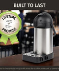 Side view of Big Batch Coffee Carafe With Pump And Drip Tray 74oz 2.2L Thermal Airpot on a table, lifetime promise badge visible