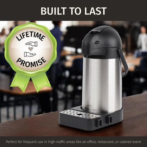 Side view of Big Batch Coffee Carafe With Pump And Drip Tray 74oz 2.2L Thermal Airpot on a table, lifetime promise badge visible