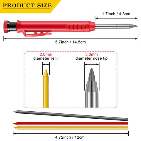 Three Pack Long-Nosed Carpenter Mechanical Pencils With Built-In Sharpener, 36 Refills, Deep Hole Markers size comparison
