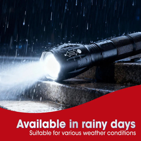 7 Pack Small LED Tactical Flashlights High Lumens With 5 Modes Waterproof Zoomable Beams in rain on wet surface