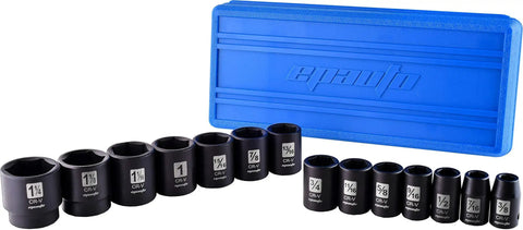 1/2 Inch Drive Shallow Impact Socket Set 14 Piece, 6 Point SAE Sockets From 3/8 To 1-1/4 Inch with blue case